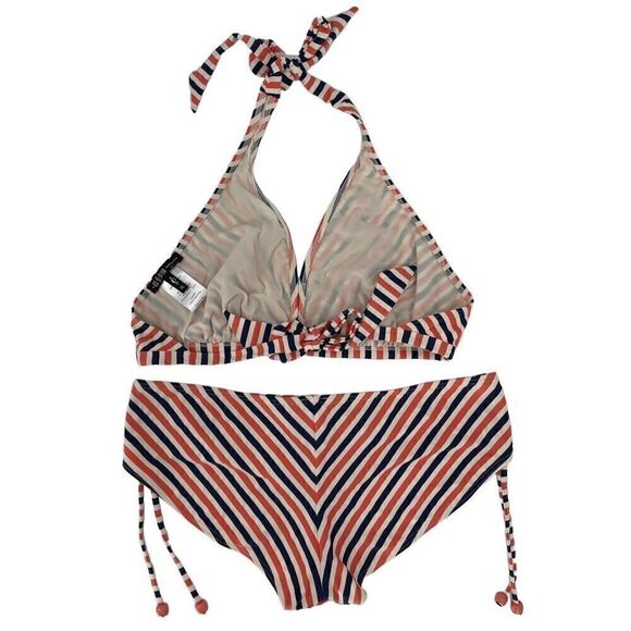 Pez D'Or Maternity Bikini Stripe Coral Navy White Ruched Side Ties XL NEW - Picture 4 of 8